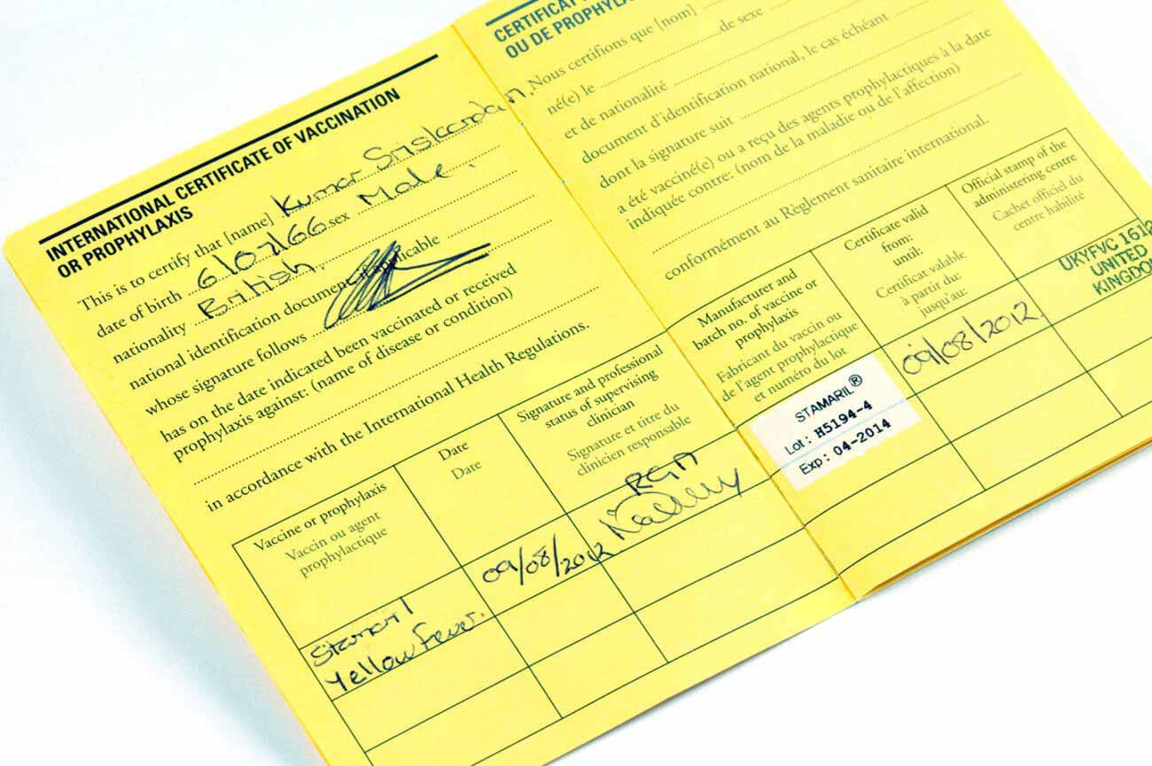 Yellow fever vaccination certificate example