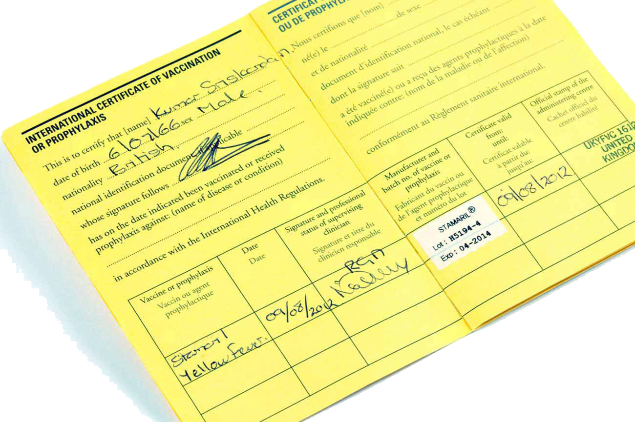 Yellow fever vaccination certificate example